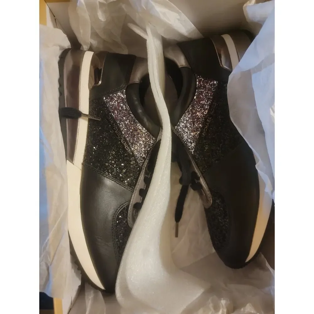 MICHAEL Michael Kors Allie Wrap Trainer Sneakers – Black Glitter & Metallic Silv